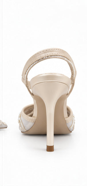 Ivory Pearl Embellished Pointed-Toe Slingback Heels