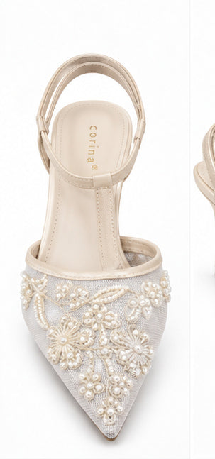 Ivory Pearl Embellished Pointed-Toe Slingback Heels