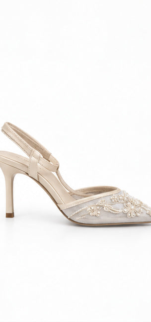 Ivory Pearl Embellished Pointed-Toe Slingback Heels