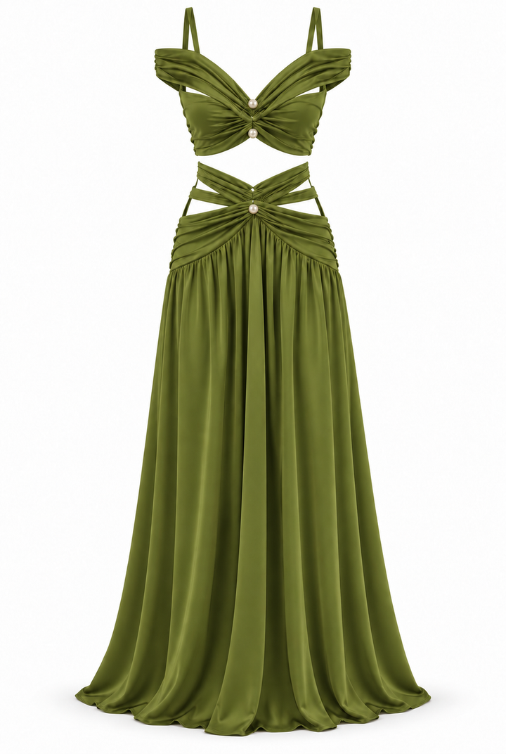 Women's Olive Green Two-Piece Maxi Set with Pearl Details & Draped Design