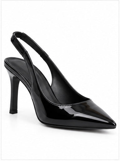 Black Patent Pointed-Toe Slingback Stiletto Heels