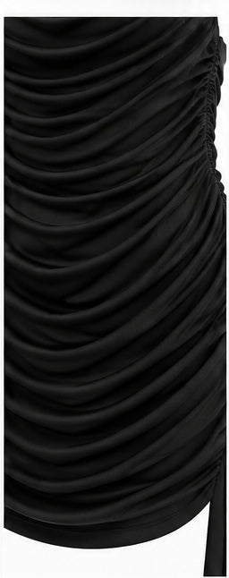 Black Velvet Ruched Halter Neck Mini Dress with Draped Ties