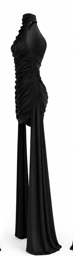 Black Velvet Ruched Halter Neck Mini Dress with Draped Ties