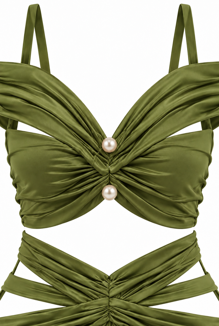 Women's Olive Green Two-Piece Maxi Set with Pearl Details & Draped Design