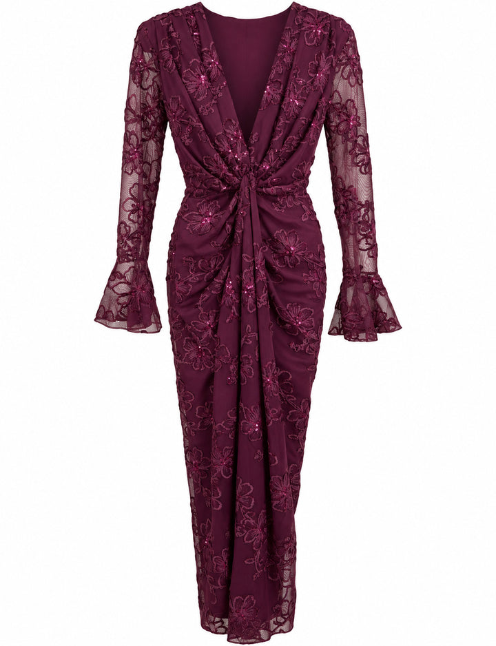 Women’s Burgundy Floral Embroidered Midi Dress with Sequin Details
