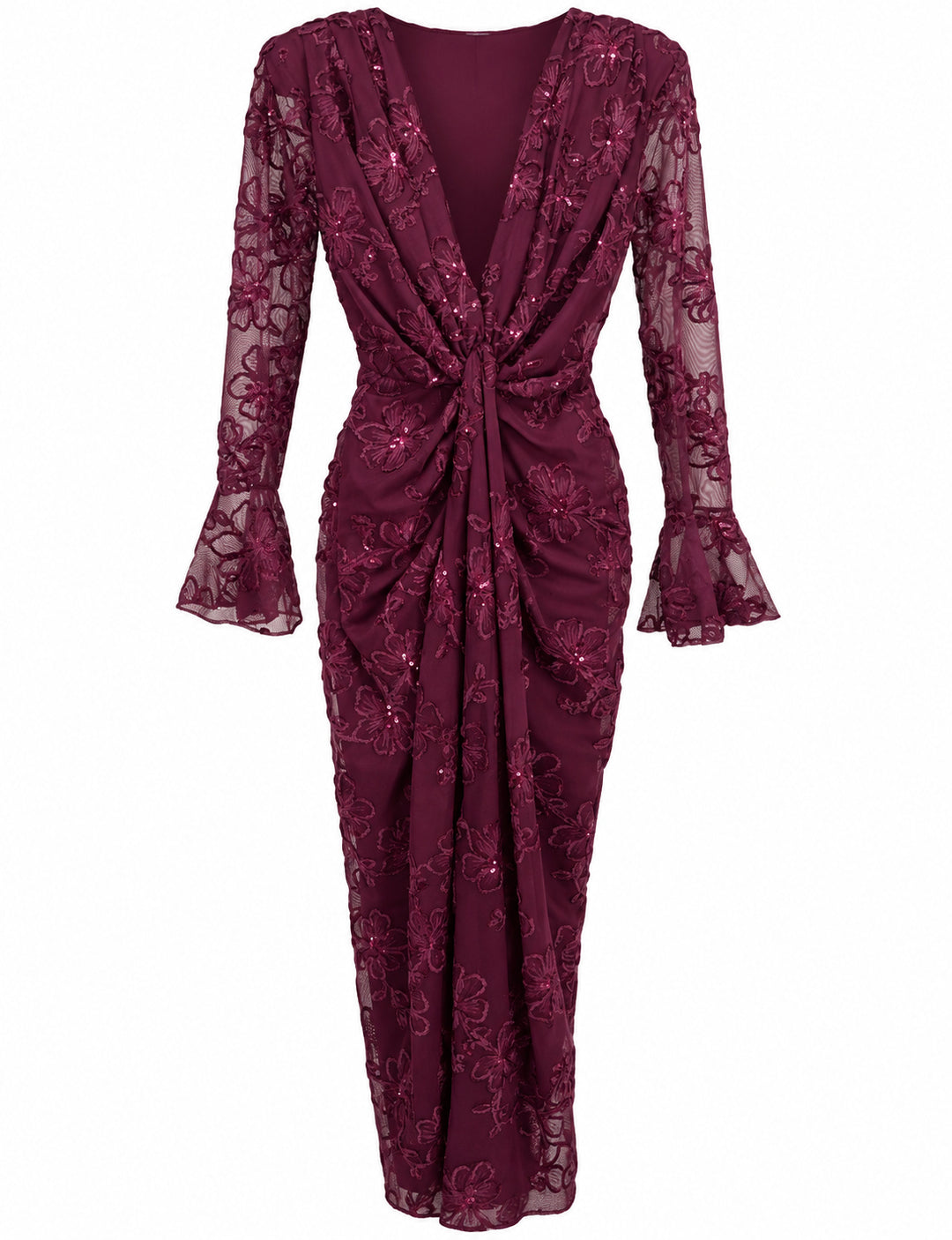 Women’s Burgundy Floral Embroidered Midi Dress with Sequin Details