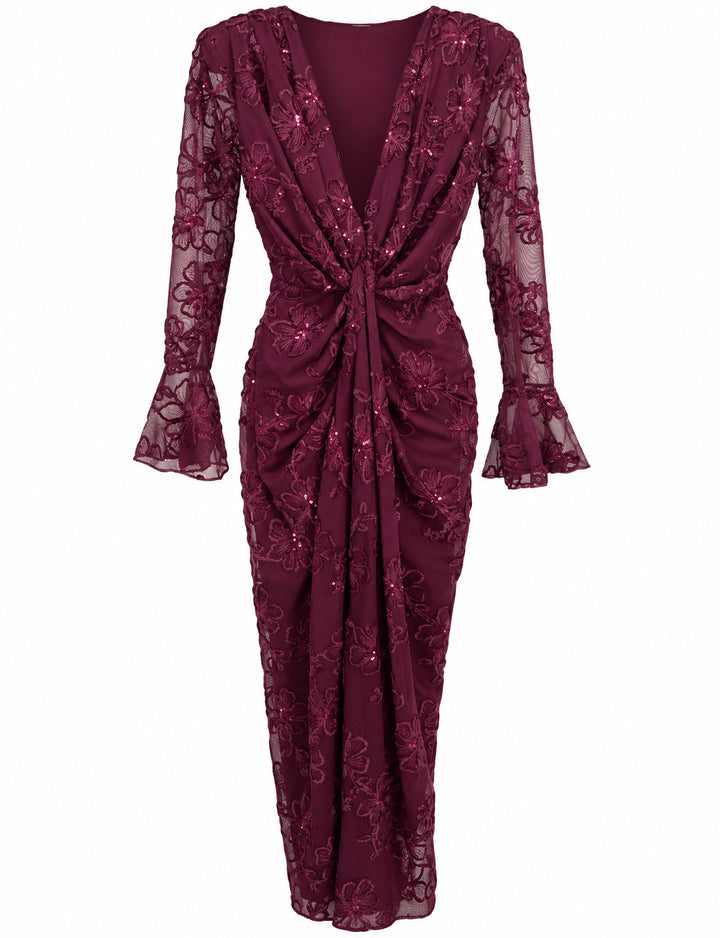 Women’s Burgundy Floral Embroidered Midi Dress with Sequin Details