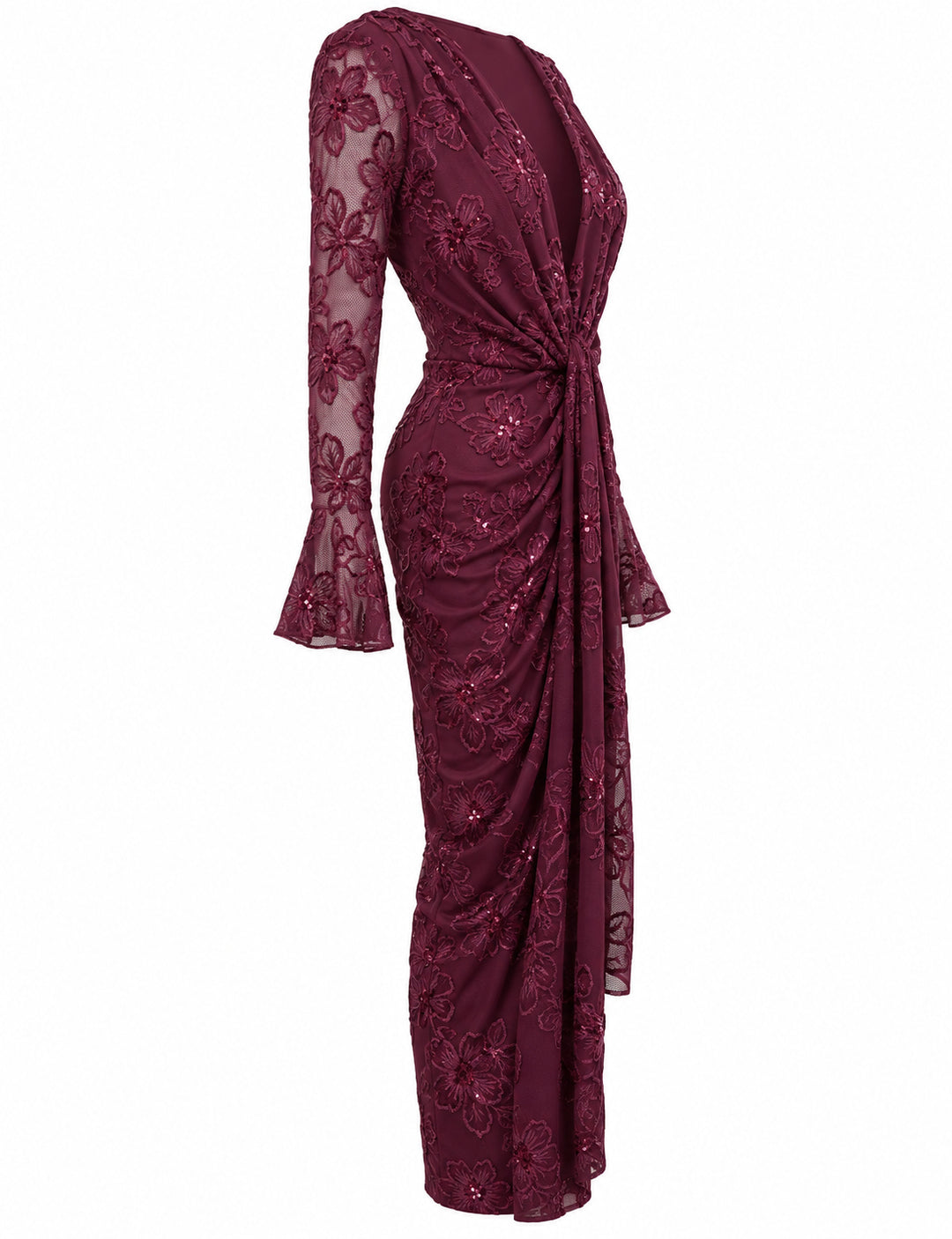 Women’s Burgundy Floral Embroidered Midi Dress with Sequin Details