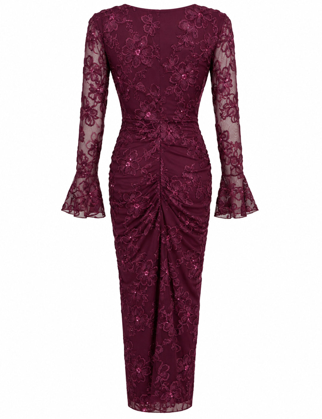 Women’s Burgundy Floral Embroidered Midi Dress with Sequin Details