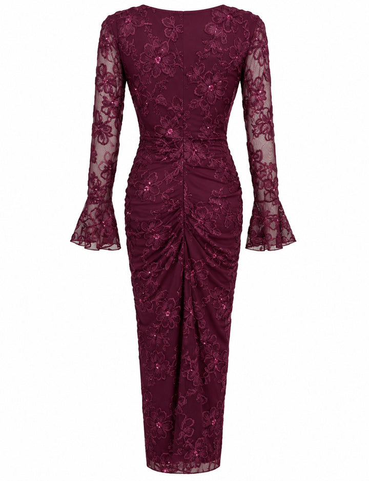 Women’s Burgundy Floral Embroidered Midi Dress with Sequin Details
