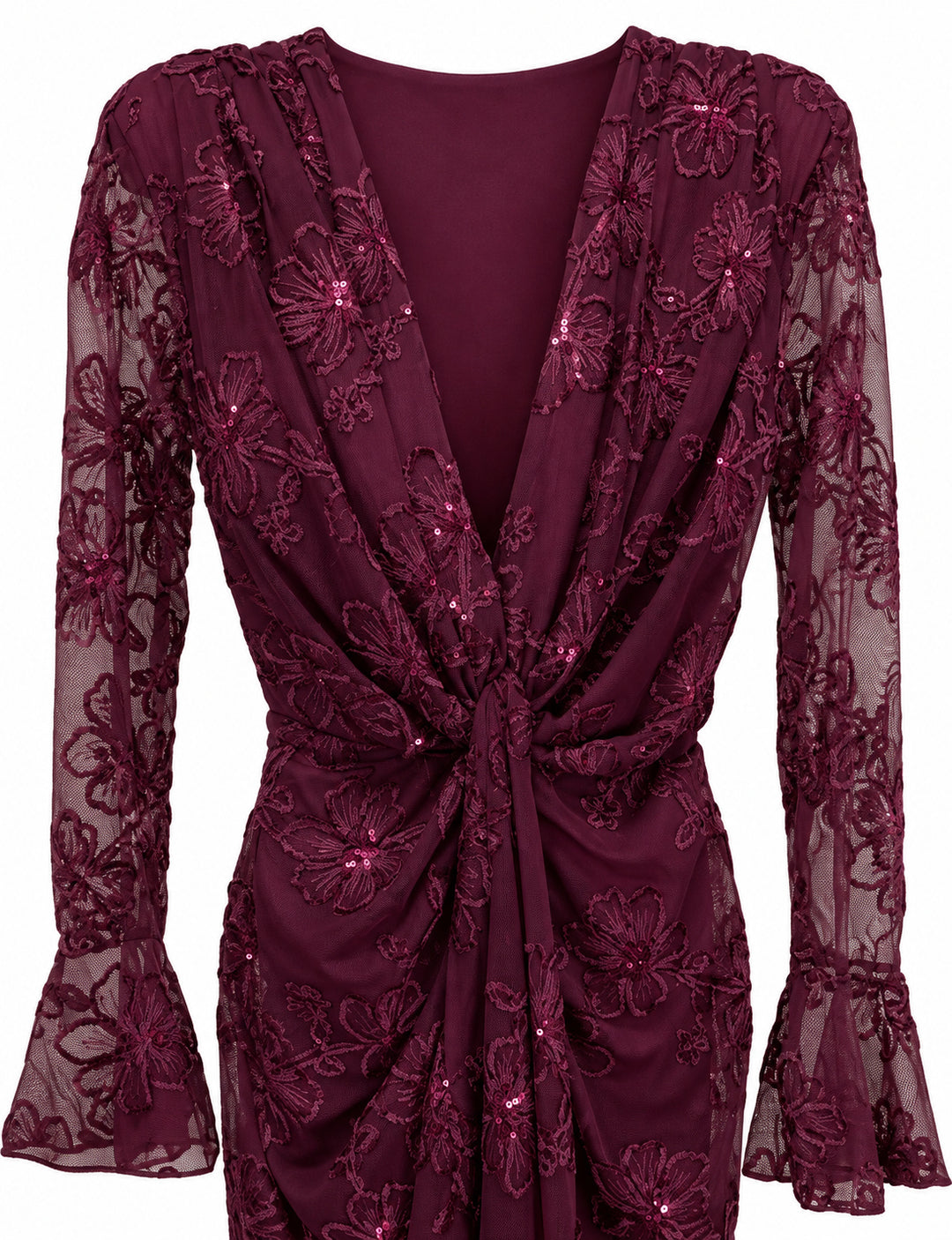 Women’s Burgundy Floral Embroidered Midi Dress with Sequin Details