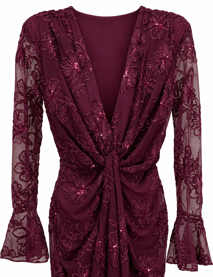 Women’s Burgundy Floral Embroidered Midi Dress with Sequin Details