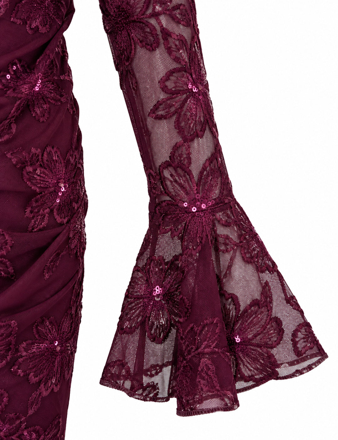 Women’s Burgundy Floral Embroidered Midi Dress with Sequin Details