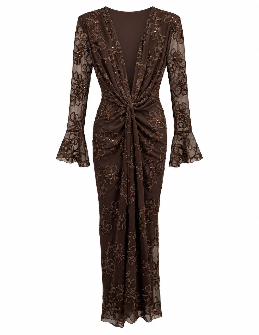 Women’s Brown Floral Embroidered Midi Dress with Sequin Details
