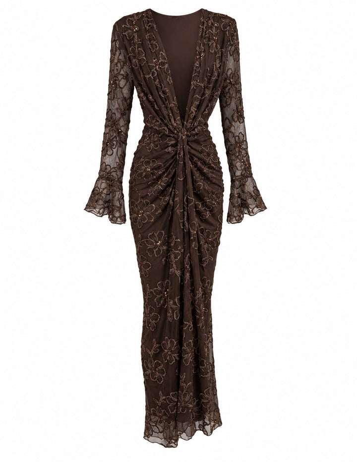 Women’s Brown Floral Embroidered Midi Dress with Sequin Details