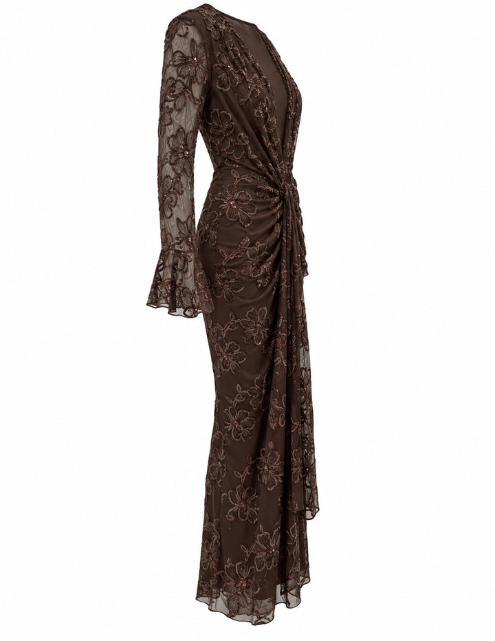Women’s Brown Floral Embroidered Midi Dress with Sequin Details
