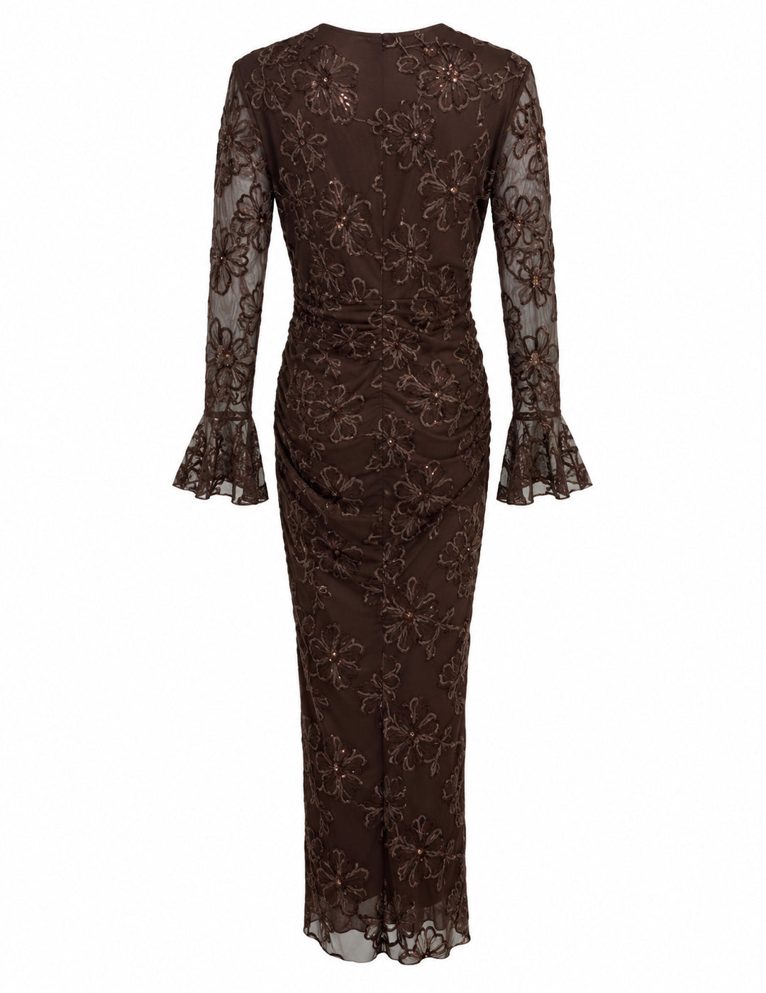 Women’s Brown Floral Embroidered Midi Dress with Sequin Details