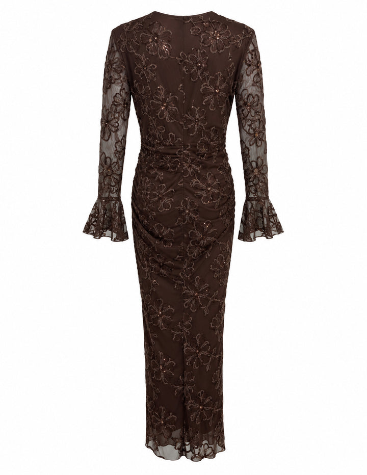 Women’s Brown Floral Embroidered Midi Dress with Sequin Details
