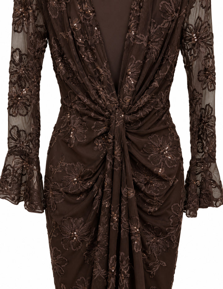 Women’s Brown Floral Embroidered Midi Dress with Sequin Details
