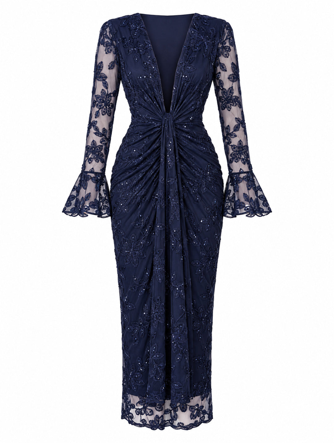 Women’s Navy Blue Floral Embroidered Midi Dress with Sequin Details