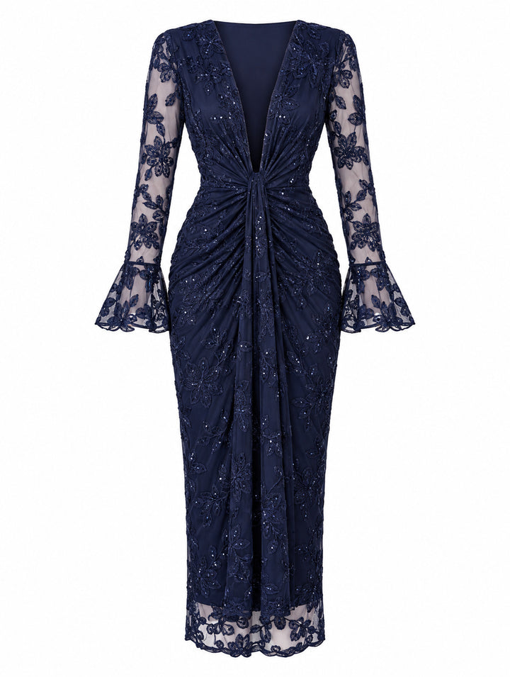 Women’s Navy Blue Floral Embroidered Midi Dress with Sequin Details