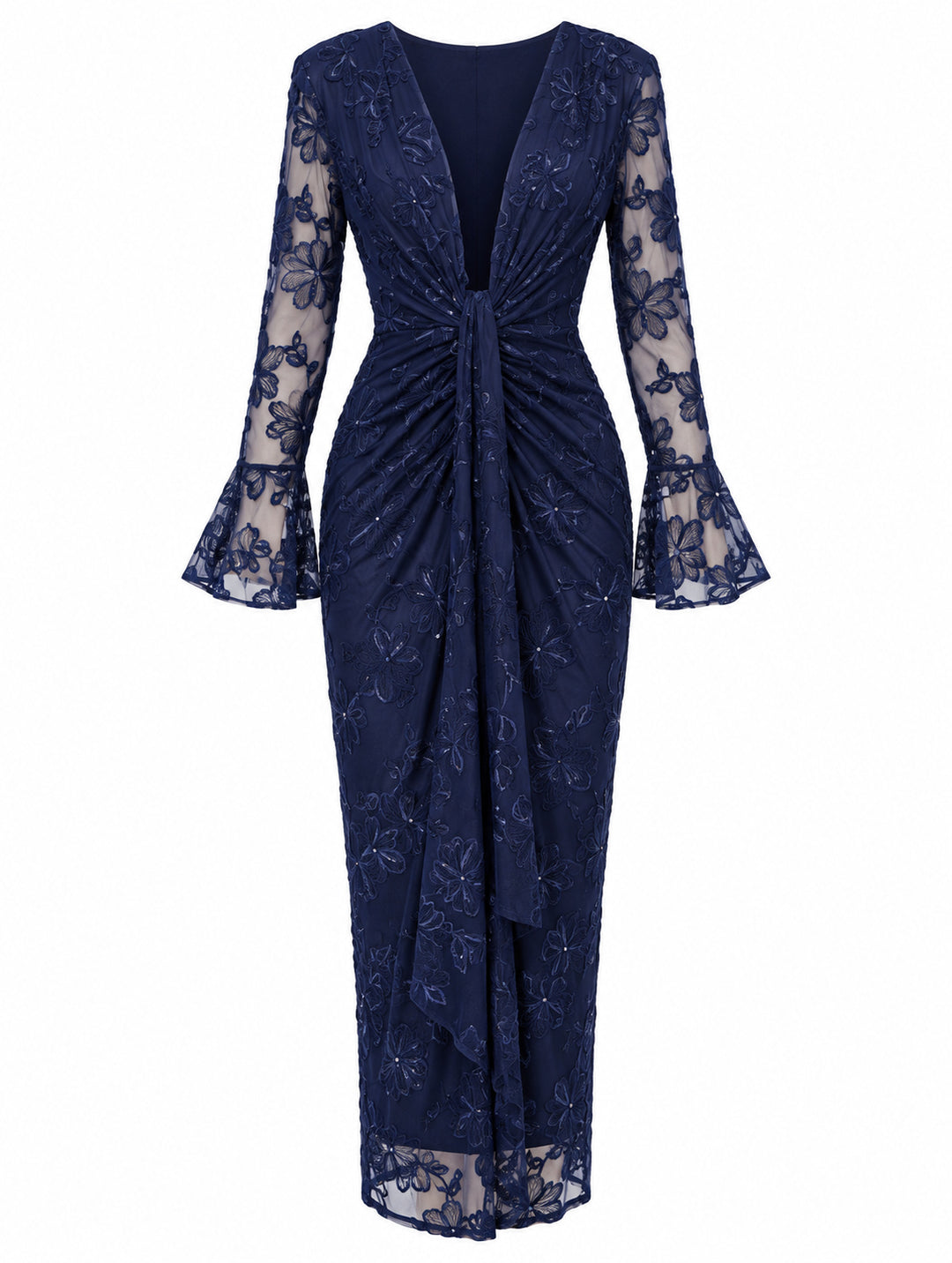 Women’s Navy Blue Floral Embroidered Midi Dress with Sequin Details