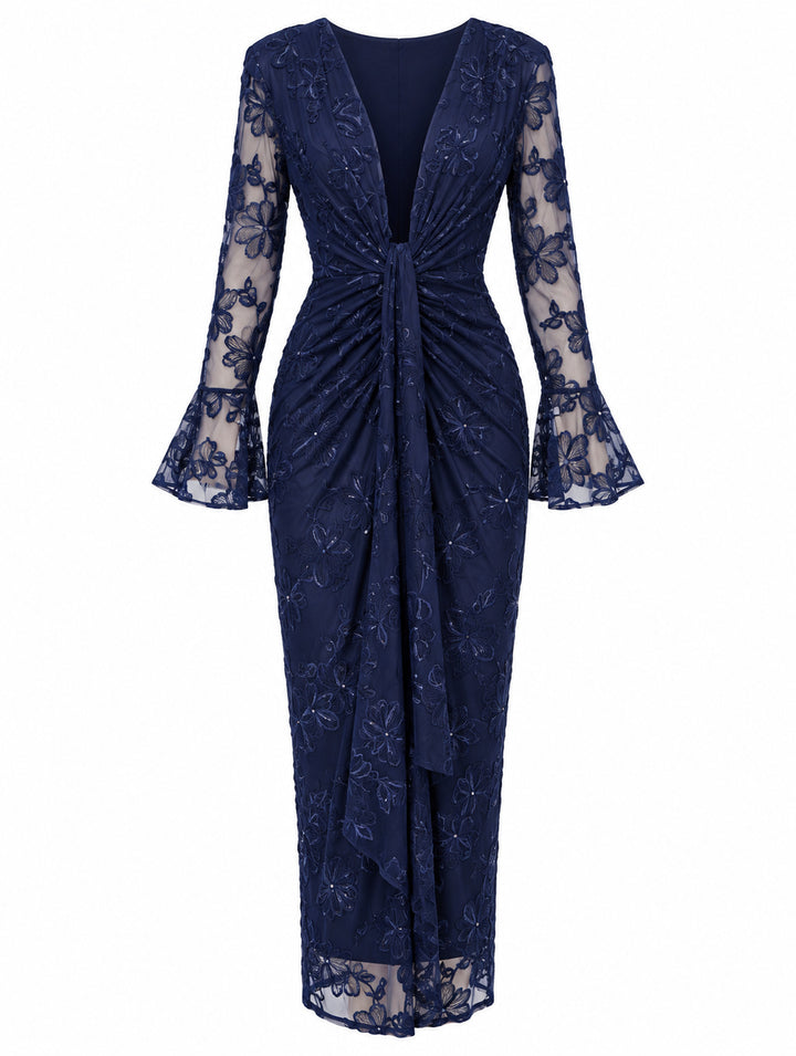 Women’s Navy Blue Floral Embroidered Midi Dress with Sequin Details