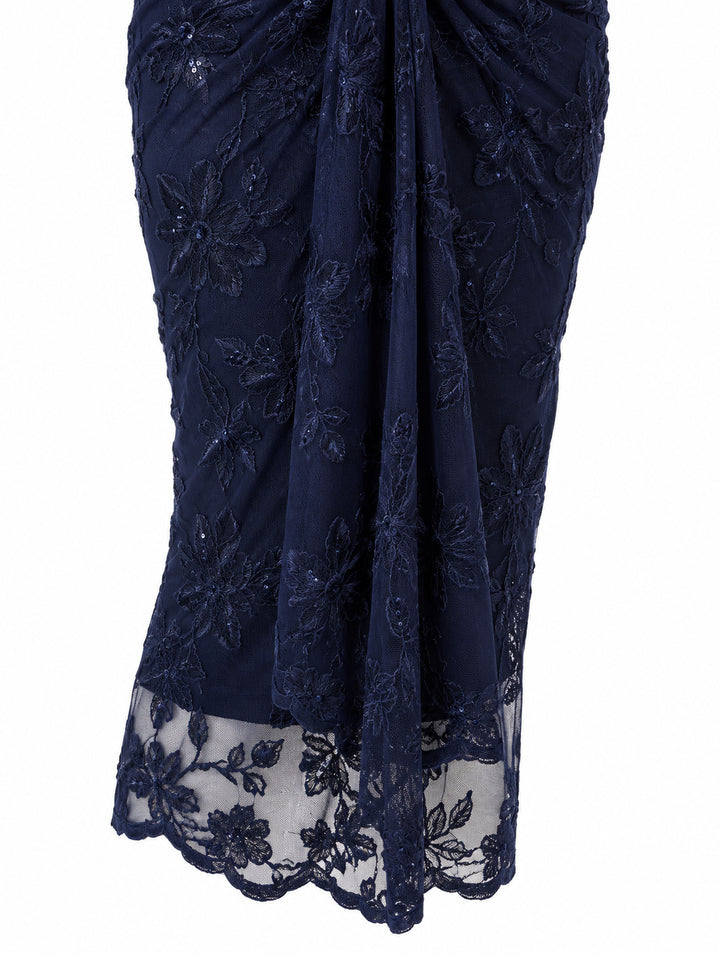 Women’s Navy Blue Floral Embroidered Midi Dress with Sequin Details