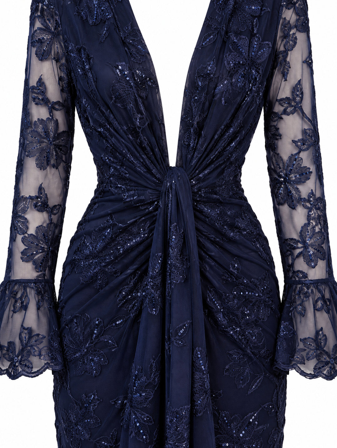 Women’s Navy Blue Floral Embroidered Midi Dress with Sequin Details