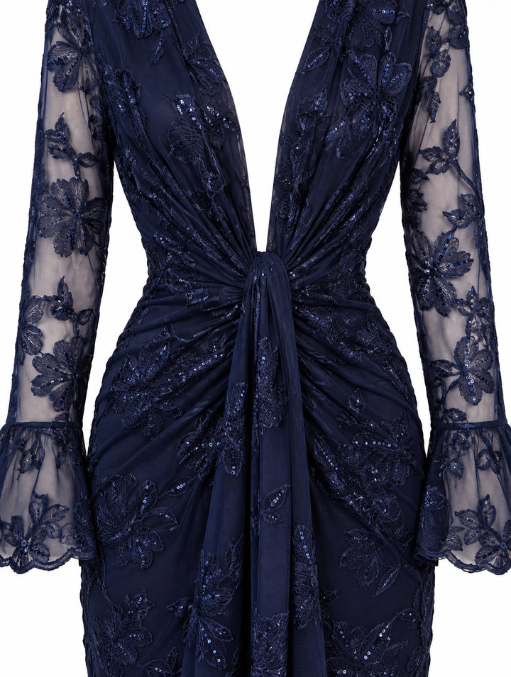 Women’s Navy Blue Floral Embroidered Midi Dress with Sequin Details