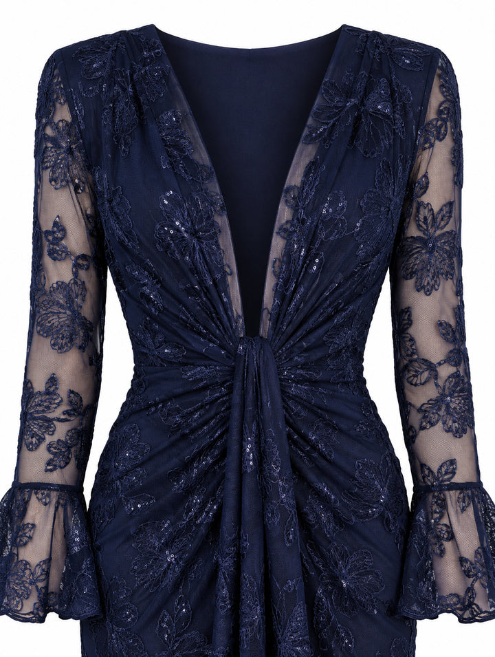 Women’s Navy Blue Floral Embroidered Midi Dress with Sequin Details