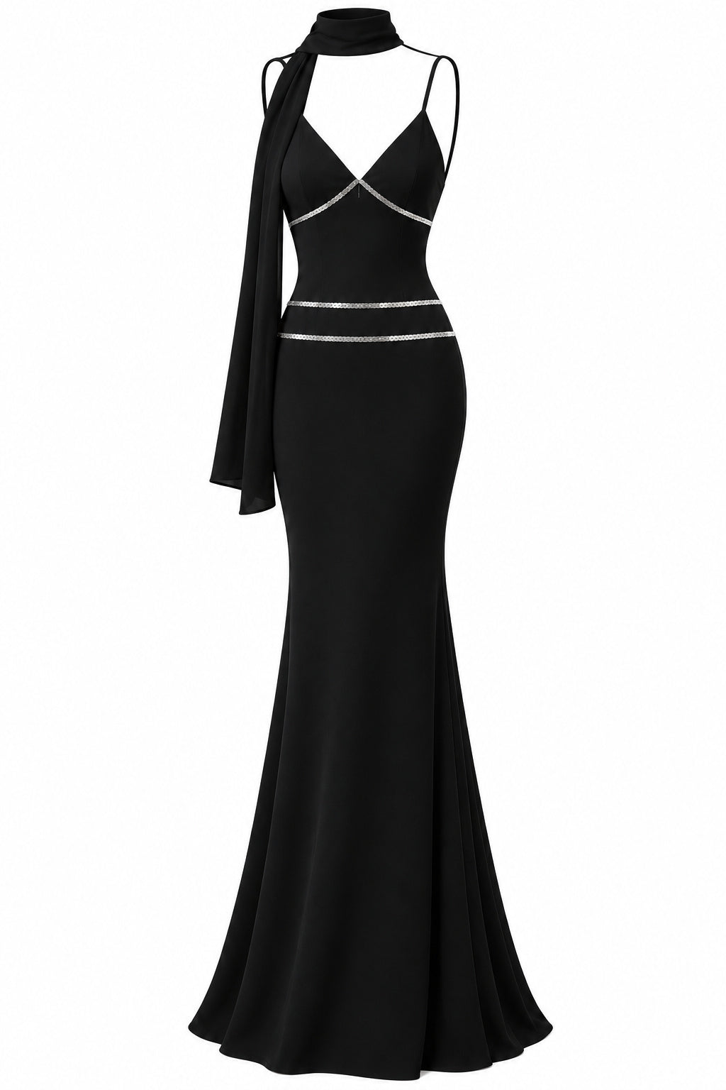 Women's Black Mermaid Maxi Dress with Silver Sequin Details and Draped Scarf