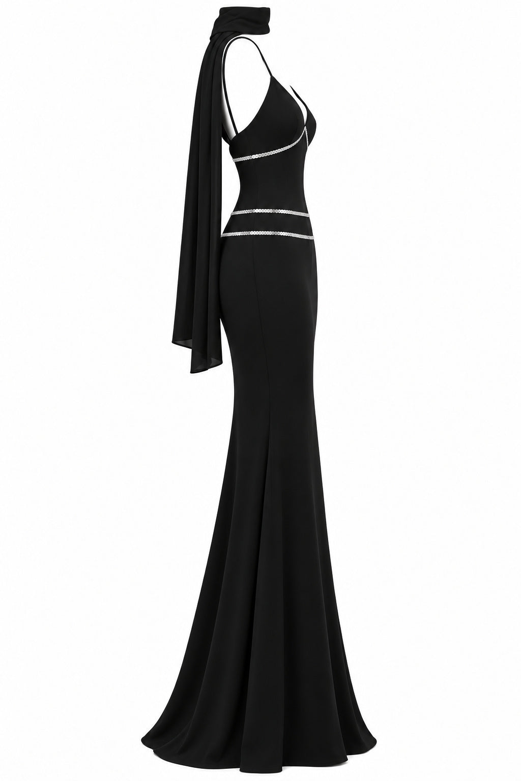 Women's Black Mermaid Maxi Dress with Silver Sequin Details and Draped Scarf