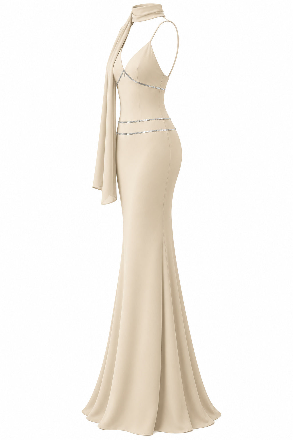 Women's Champagne Beige Mermaid Maxi Dress with Silver Sequin Details and Draped Scarf