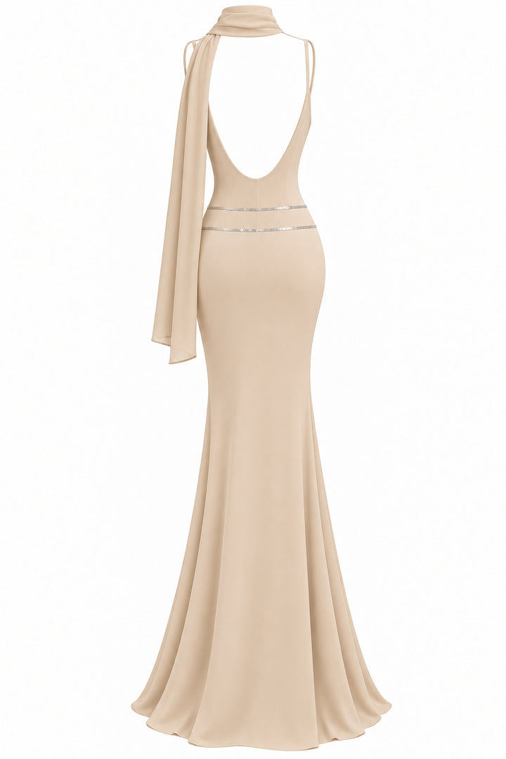 Women's Champagne Beige Mermaid Maxi Dress with Silver Sequin Details and Draped Scarf