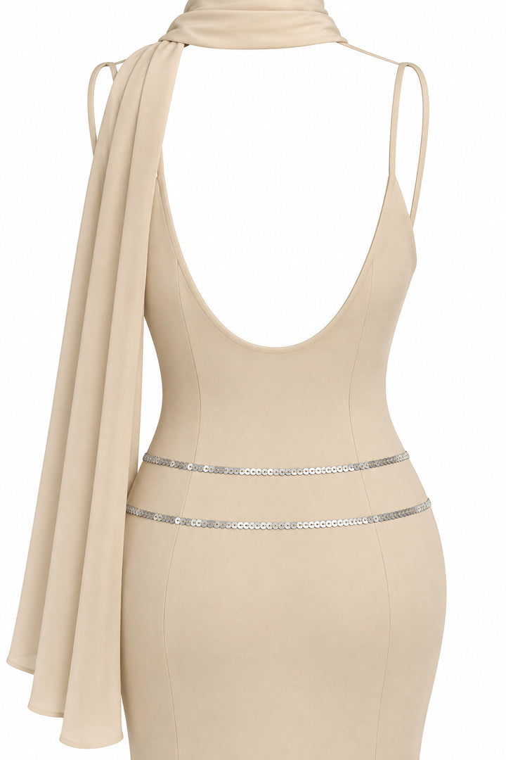 Women's Champagne Beige Mermaid Maxi Dress with Silver Sequin Details and Draped Scarf
