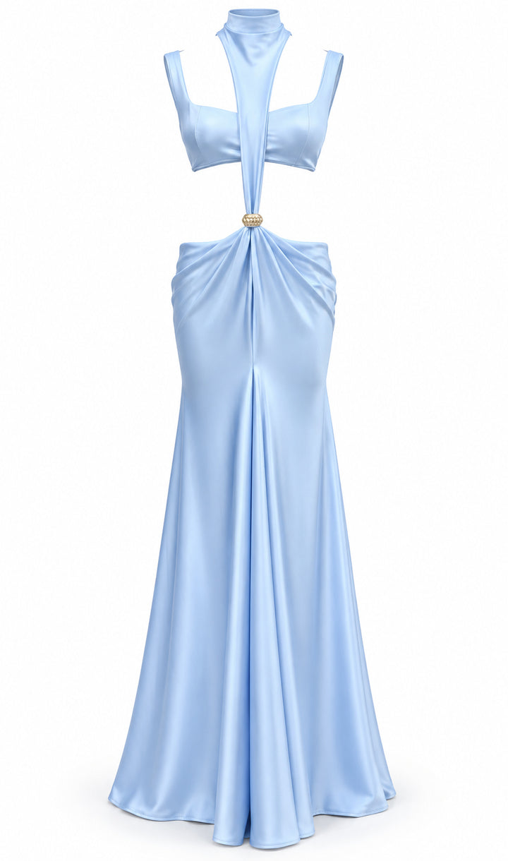 Women's Sky Blue Cut-Out Maxi Dress with Gold Detail & Draped High Neck
