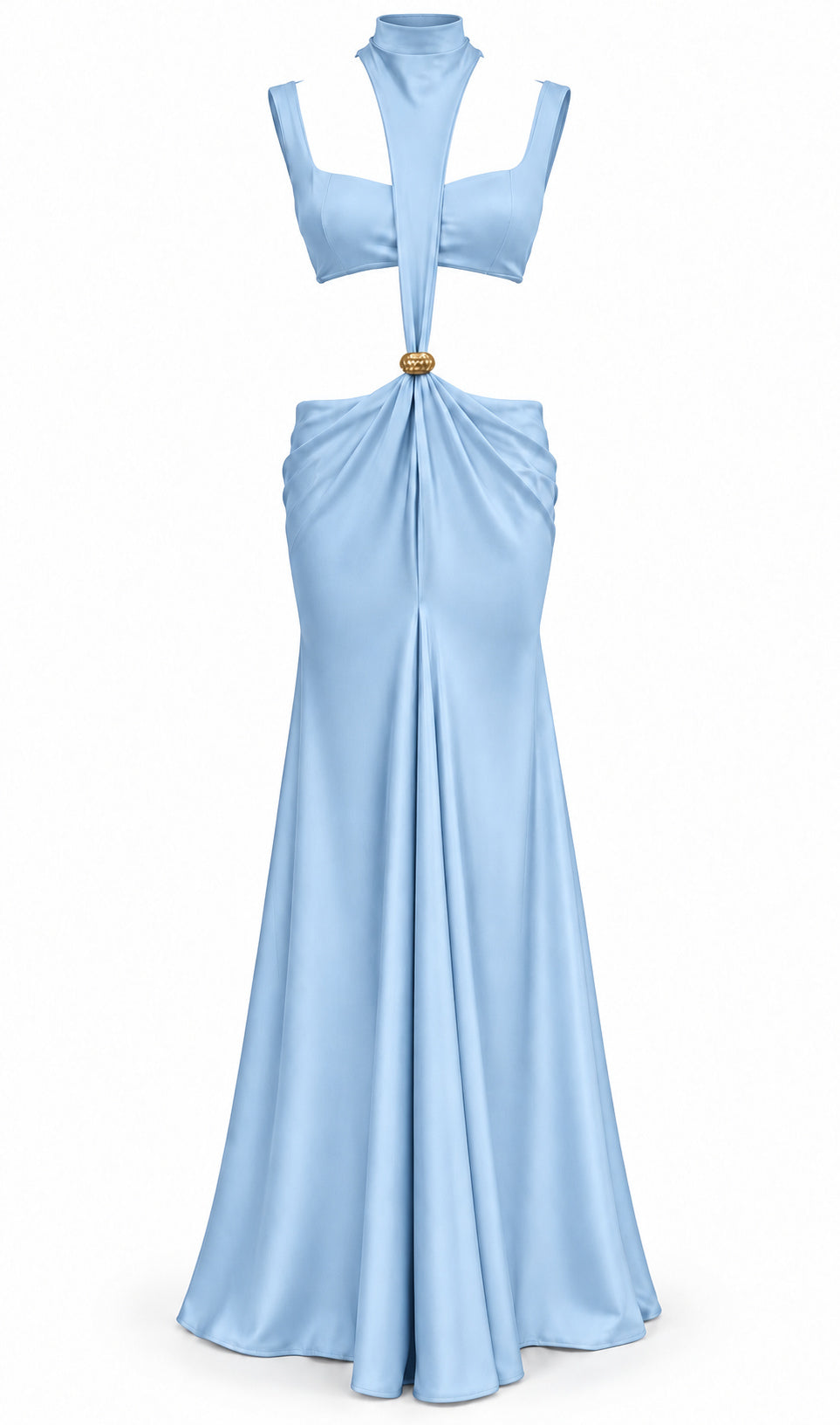 Women's Sky Blue Cut-Out Maxi Dress with Gold Detail & Draped High Neck
