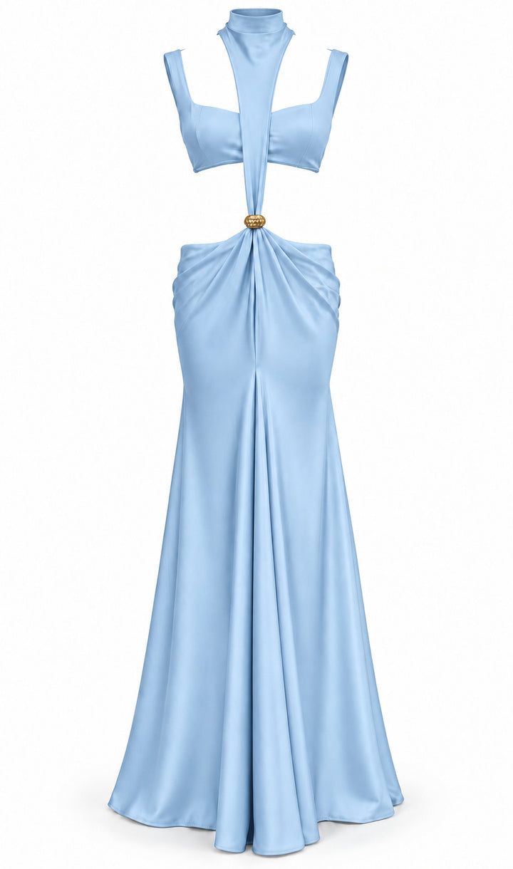 Women's Sky Blue Cut-Out Maxi Dress with Gold Detail & Draped High Neck