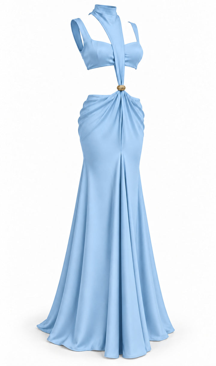 Women's Sky Blue Cut-Out Maxi Dress with Gold Detail & Draped High Neck