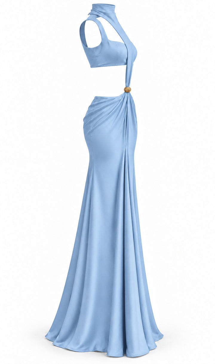 Women's Sky Blue Cut-Out Maxi Dress with Gold Detail & Draped High Neck