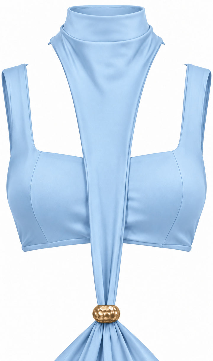 Women's Sky Blue Cut-Out Maxi Dress with Gold Detail & Draped High Neck