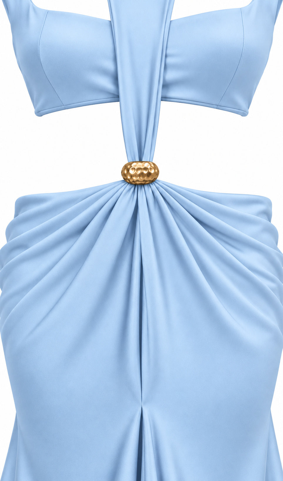 Women's Sky Blue Cut-Out Maxi Dress with Gold Detail & Draped High Neck