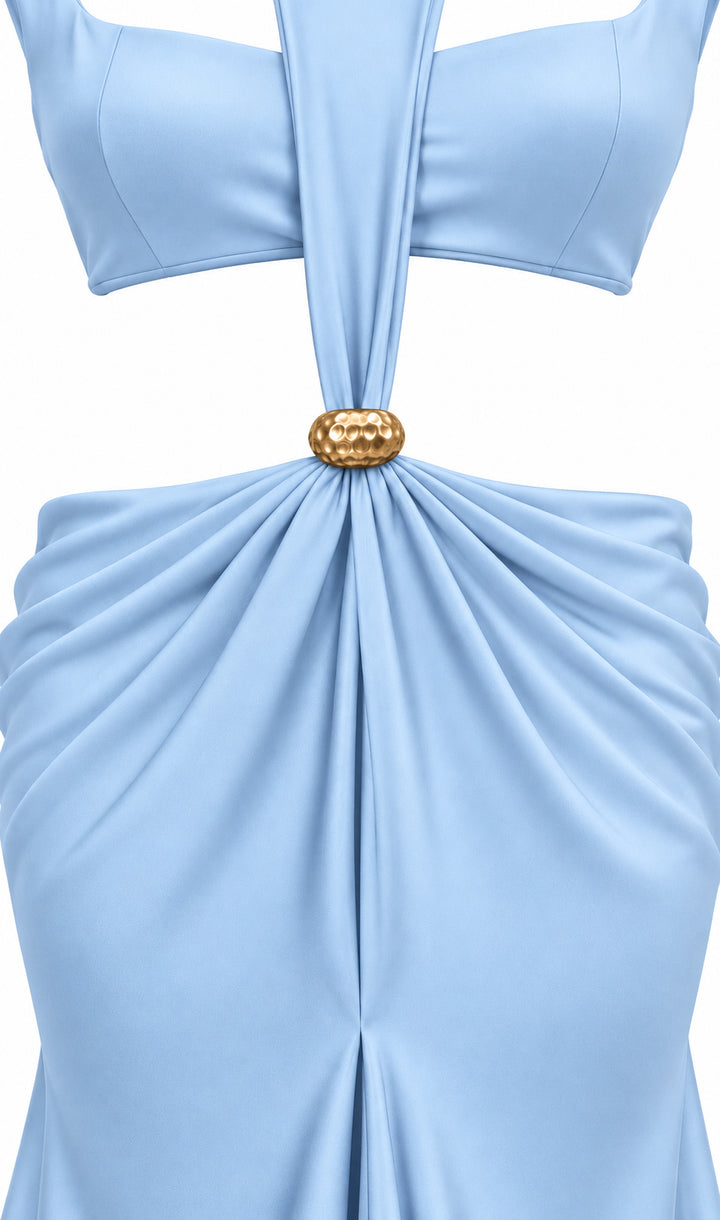 Women's Sky Blue Cut-Out Maxi Dress with Gold Detail & Draped High Neck