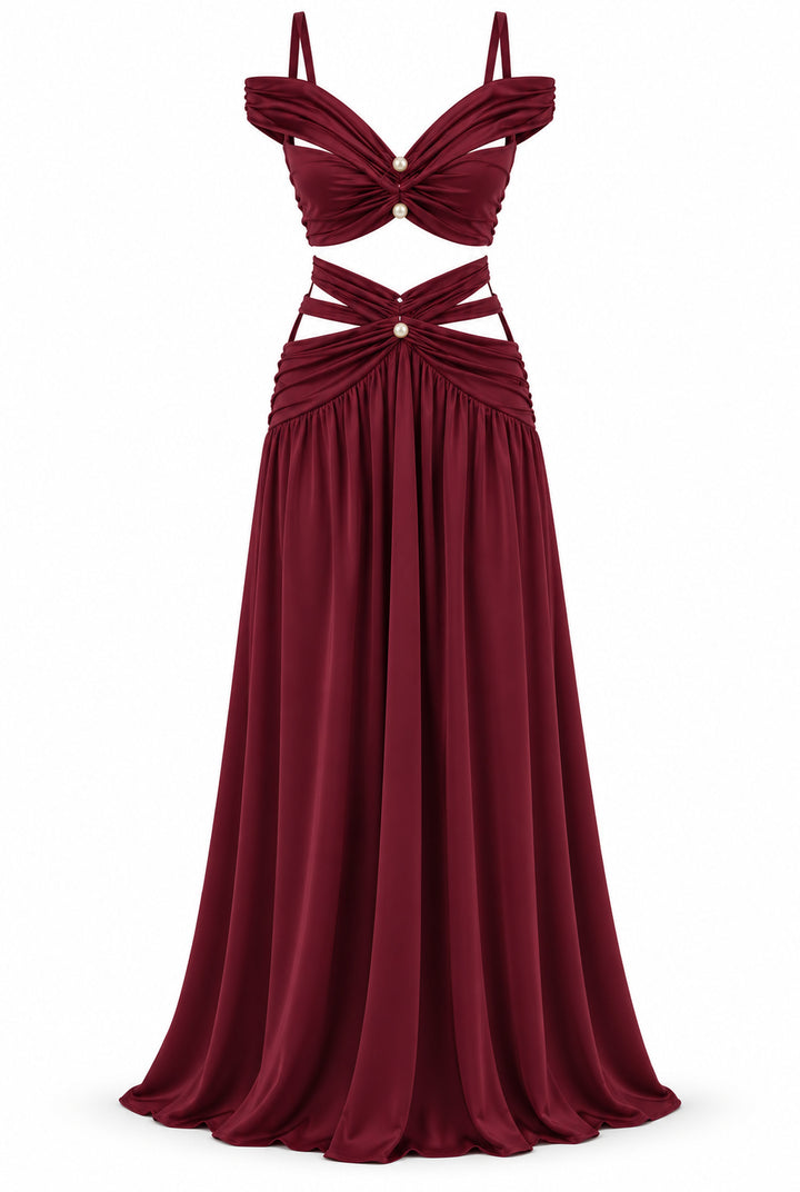 Women's Burgundy Two-Piece Maxi Set with Pearl Details & Draped Design