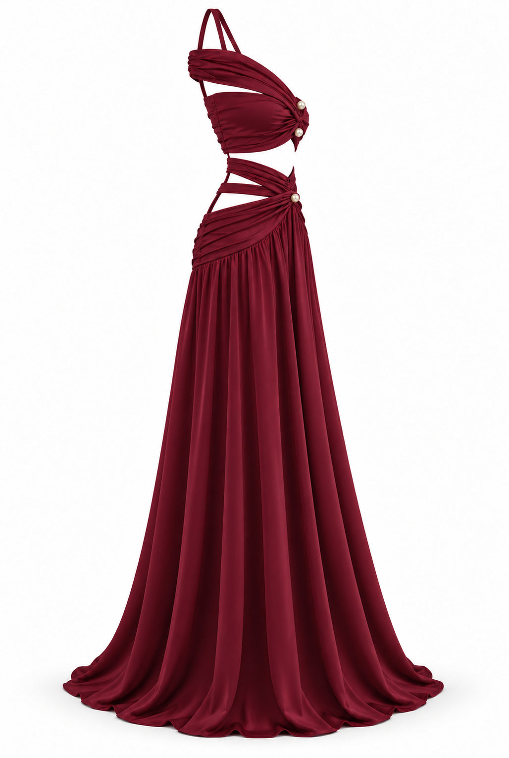 Women's Burgundy Two-Piece Maxi Set with Pearl Details & Draped Design