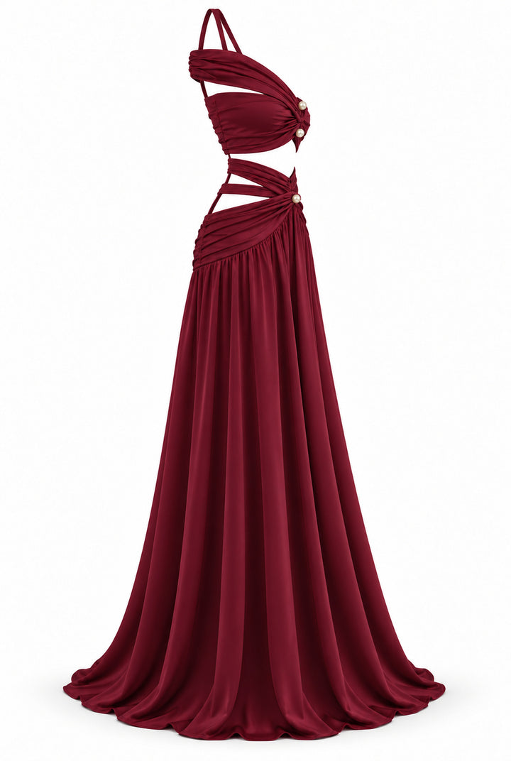 Women's Burgundy Two-Piece Maxi Set with Pearl Details & Draped Design