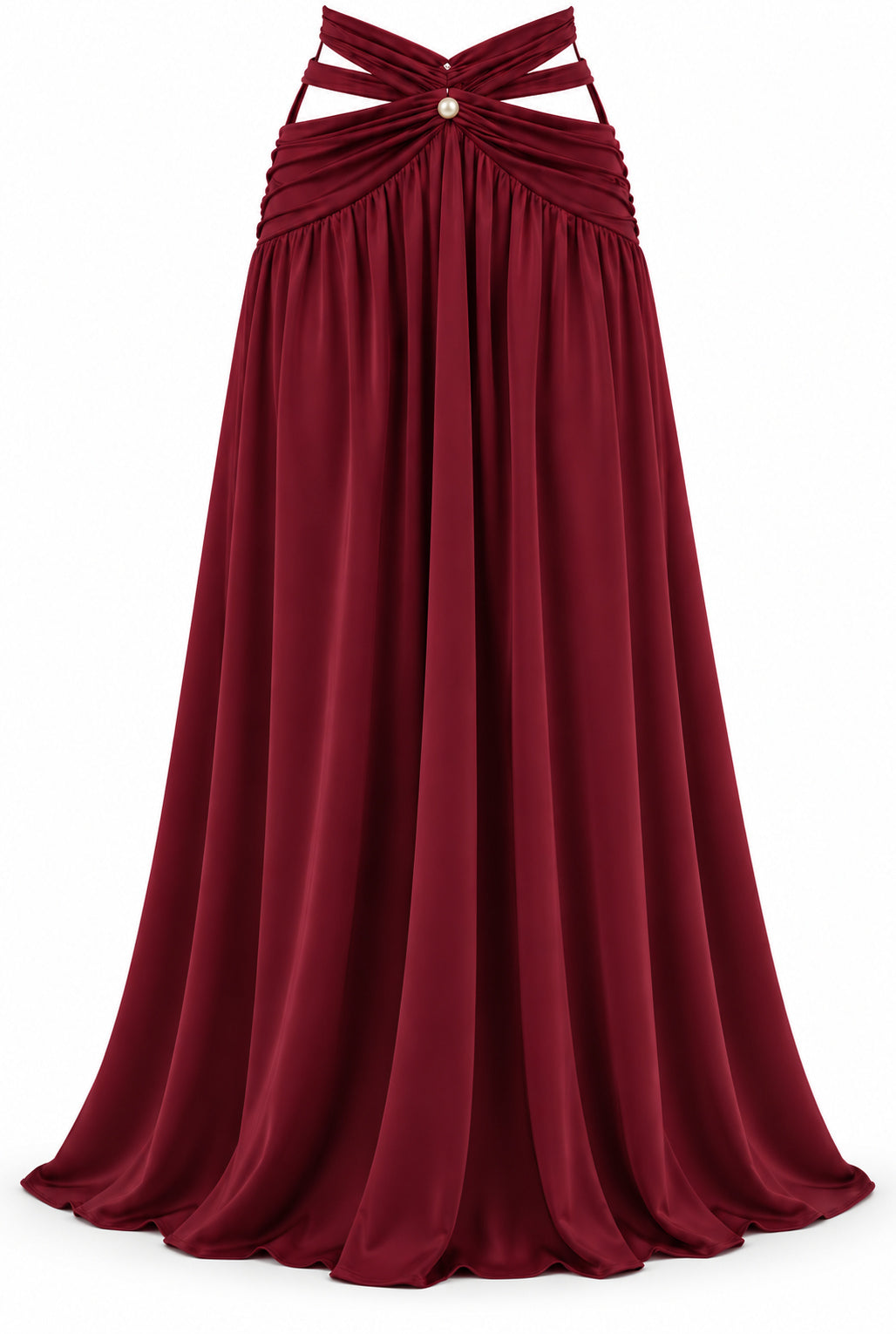 Women's Burgundy Two-Piece Maxi Set with Pearl Details & Draped Design