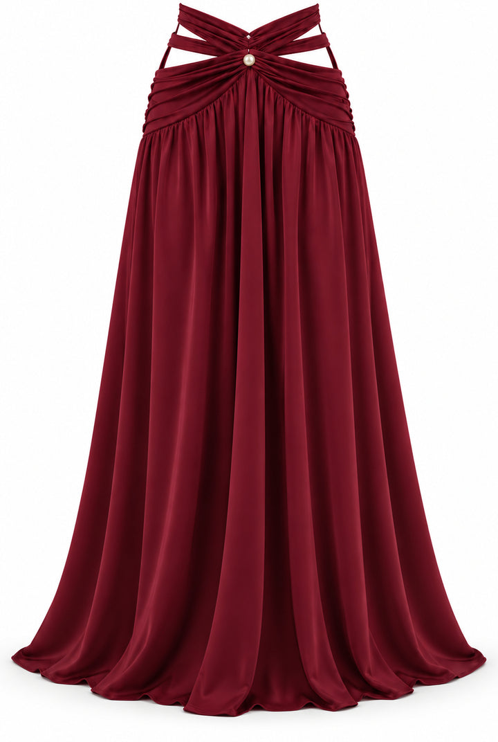 Women's Burgundy Two-Piece Maxi Set with Pearl Details & Draped Design