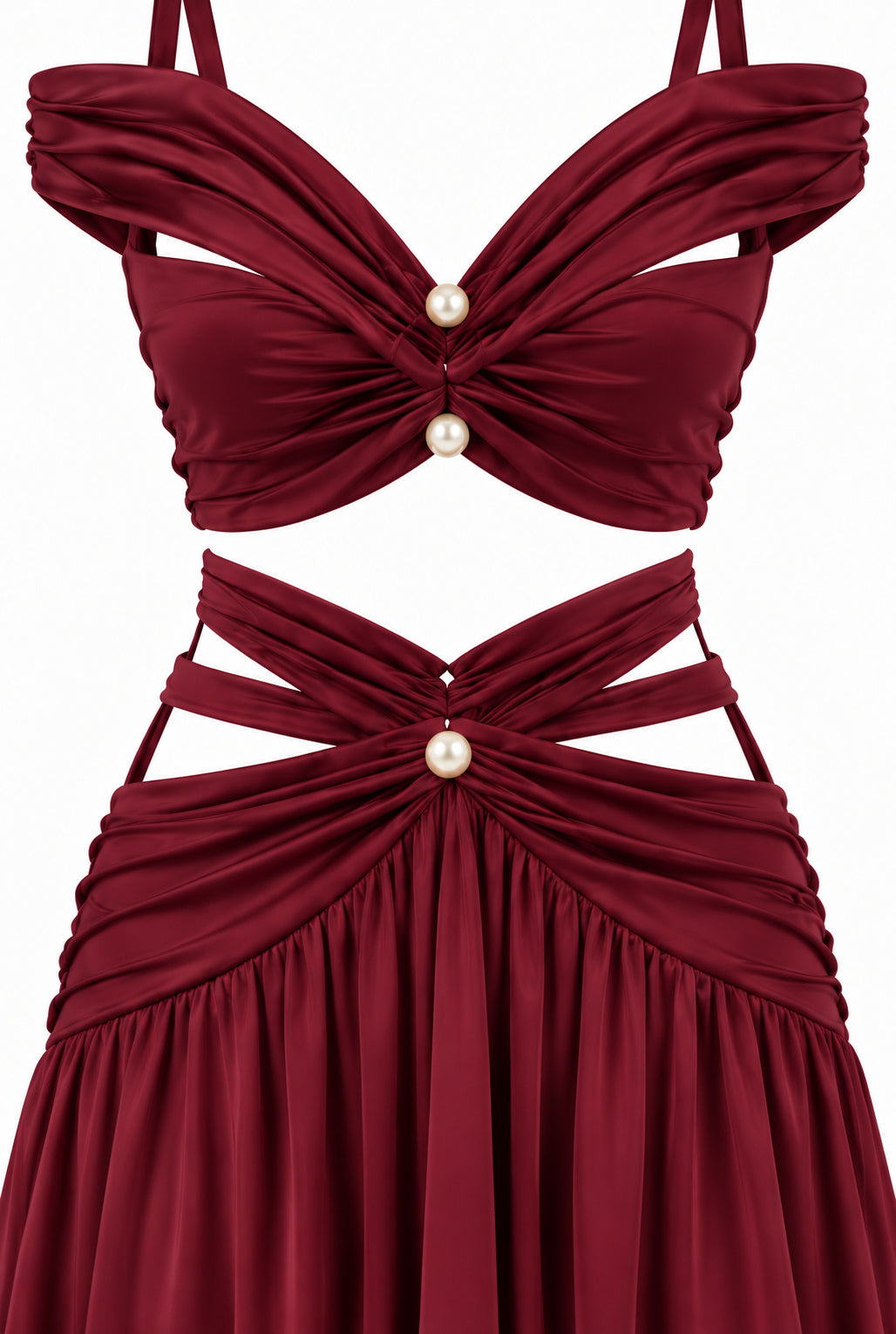 Women's Burgundy Two-Piece Maxi Set with Pearl Details & Draped Design